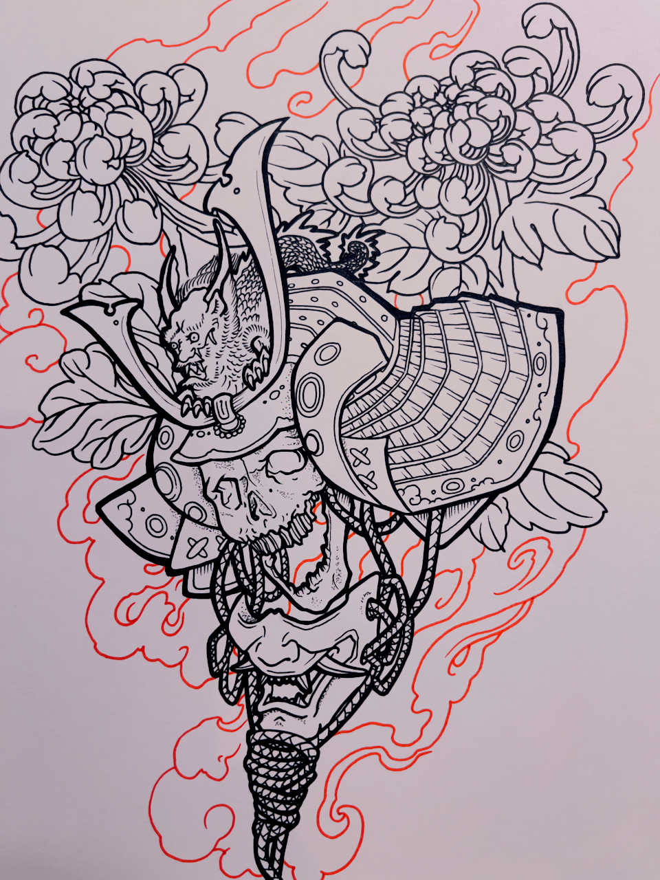 Hand-drawn samurai helmet tattoo design titled Kabuto of the Fallen by Kuroko Ink