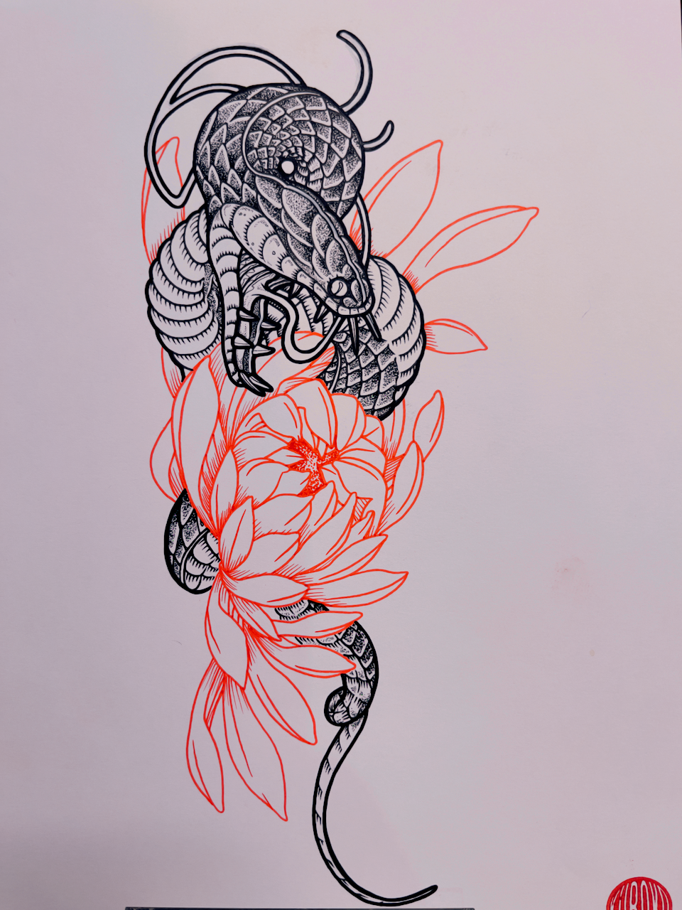 Hand-drawn serpent and lotus tattoo design titled Lotus Coil Serpent by Kuroko Ink