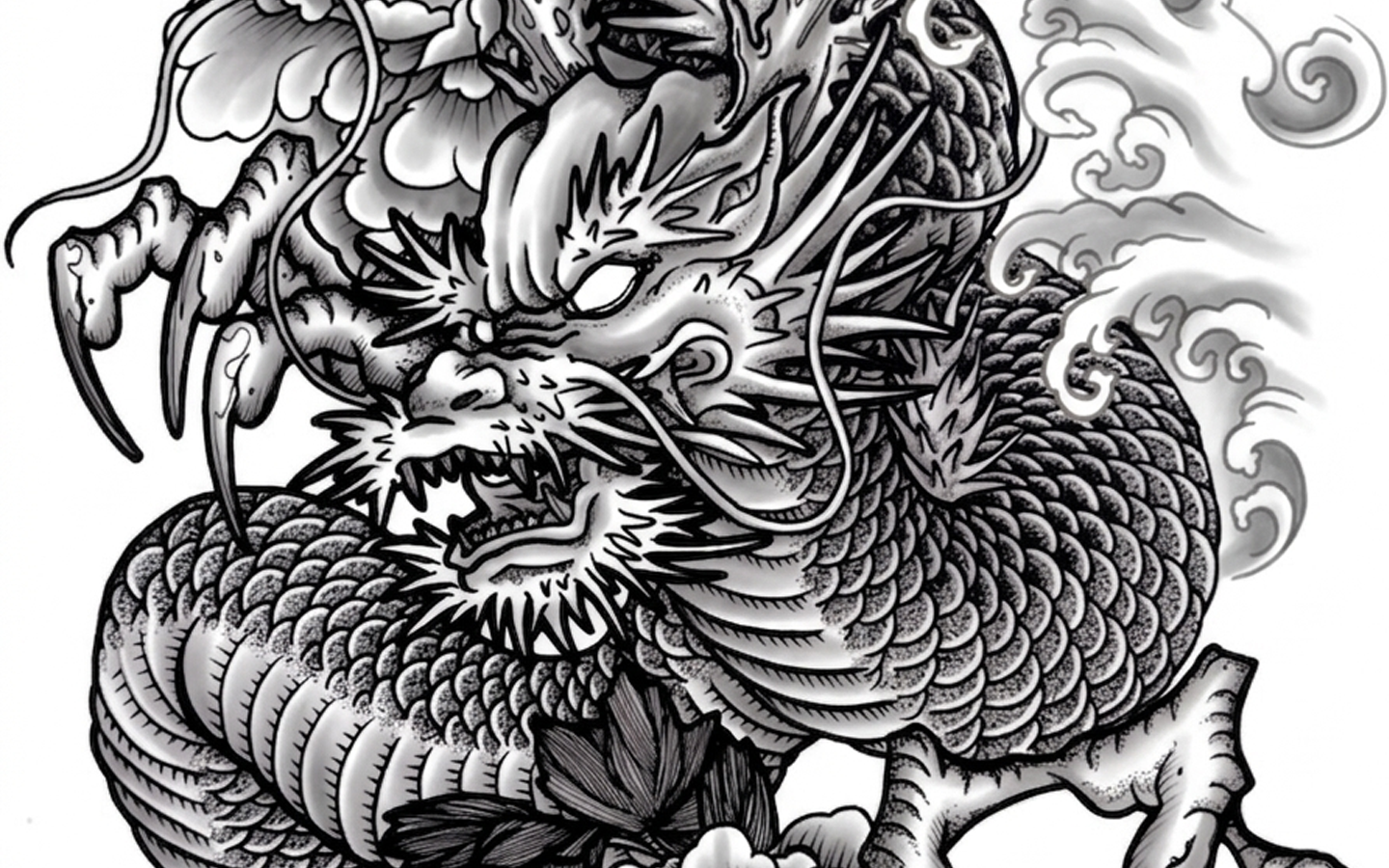 Black and grey study of the Ironclad Dragon tattoo design by Kuroko Ink