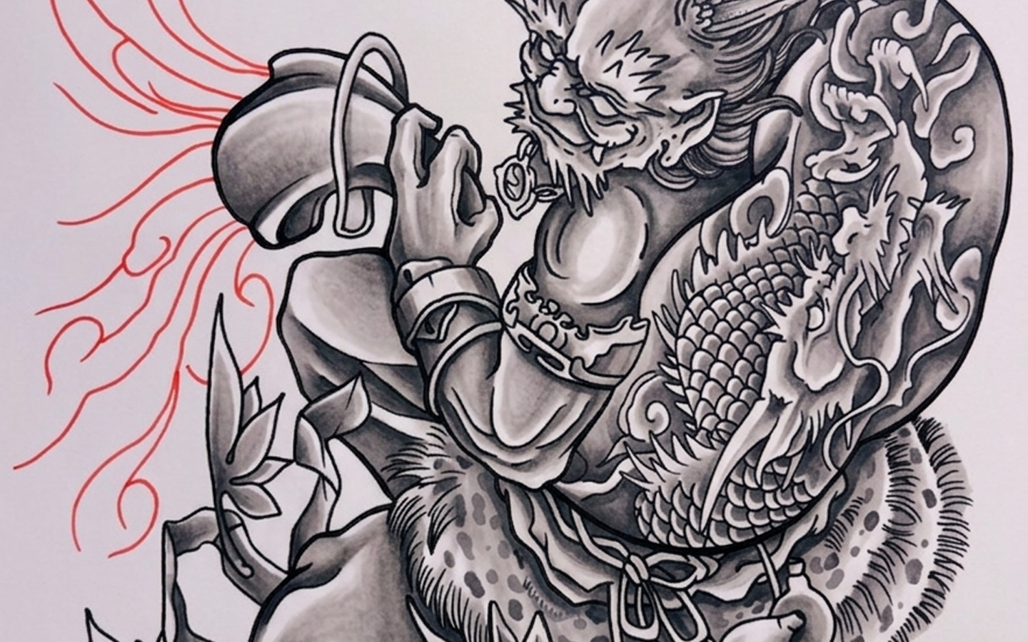 Black and grey study of the oni boxer tattoo design by Kuroko Ink
