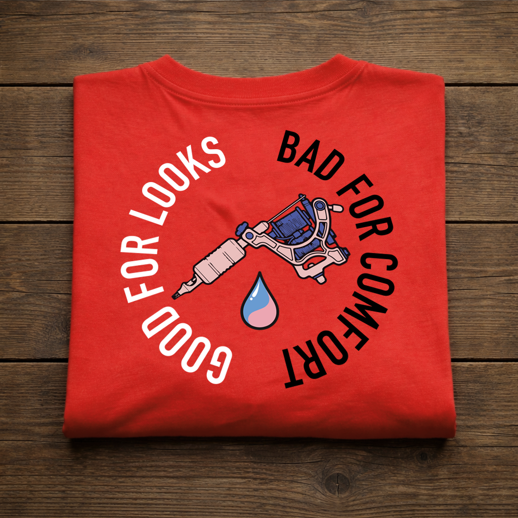 Folded red Kuroko Ink T-shirt with Bad for Comfort back print
