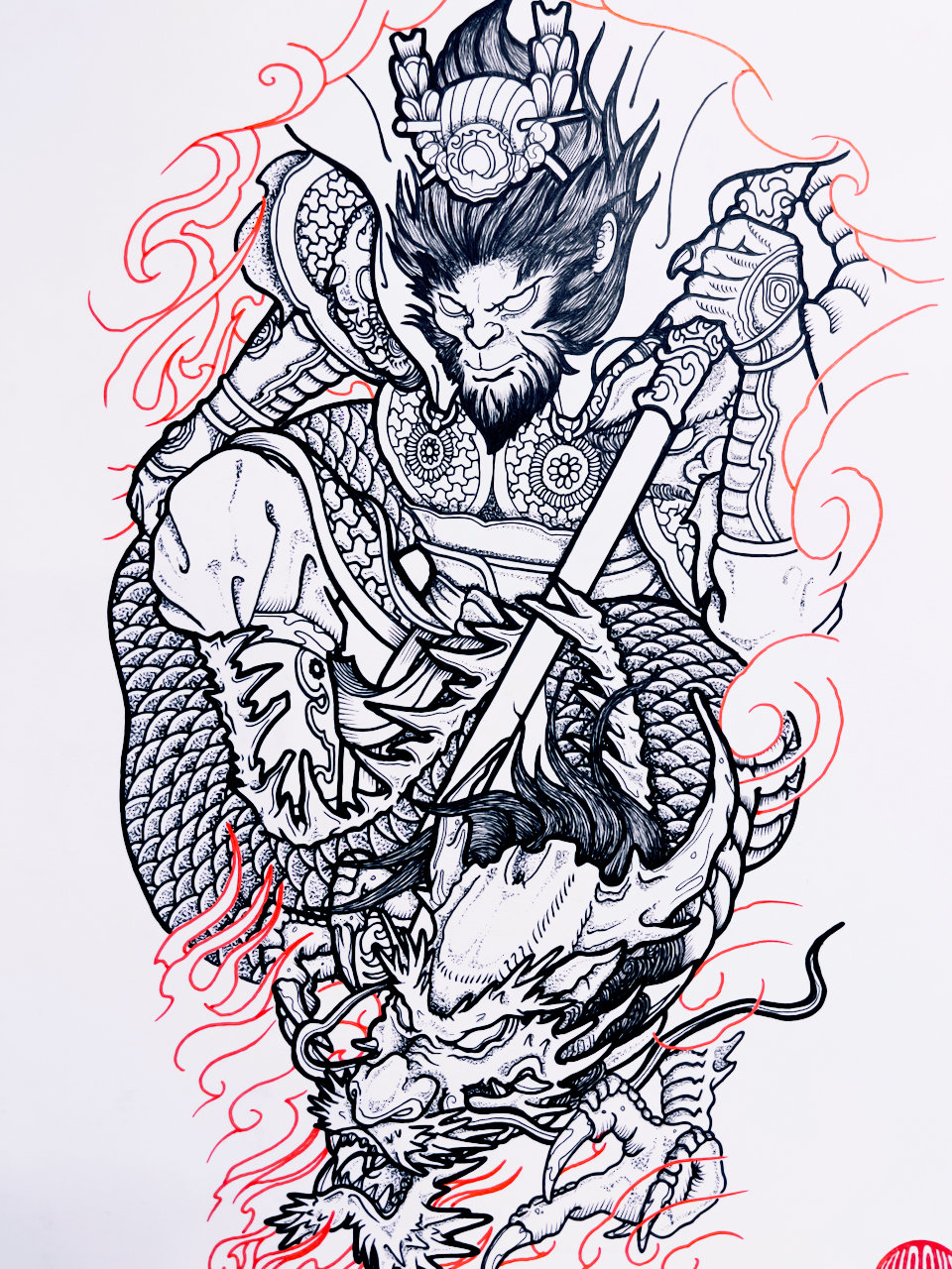 Hand-drawn Monkey King tattoo design with dragon by Kuroko Ink