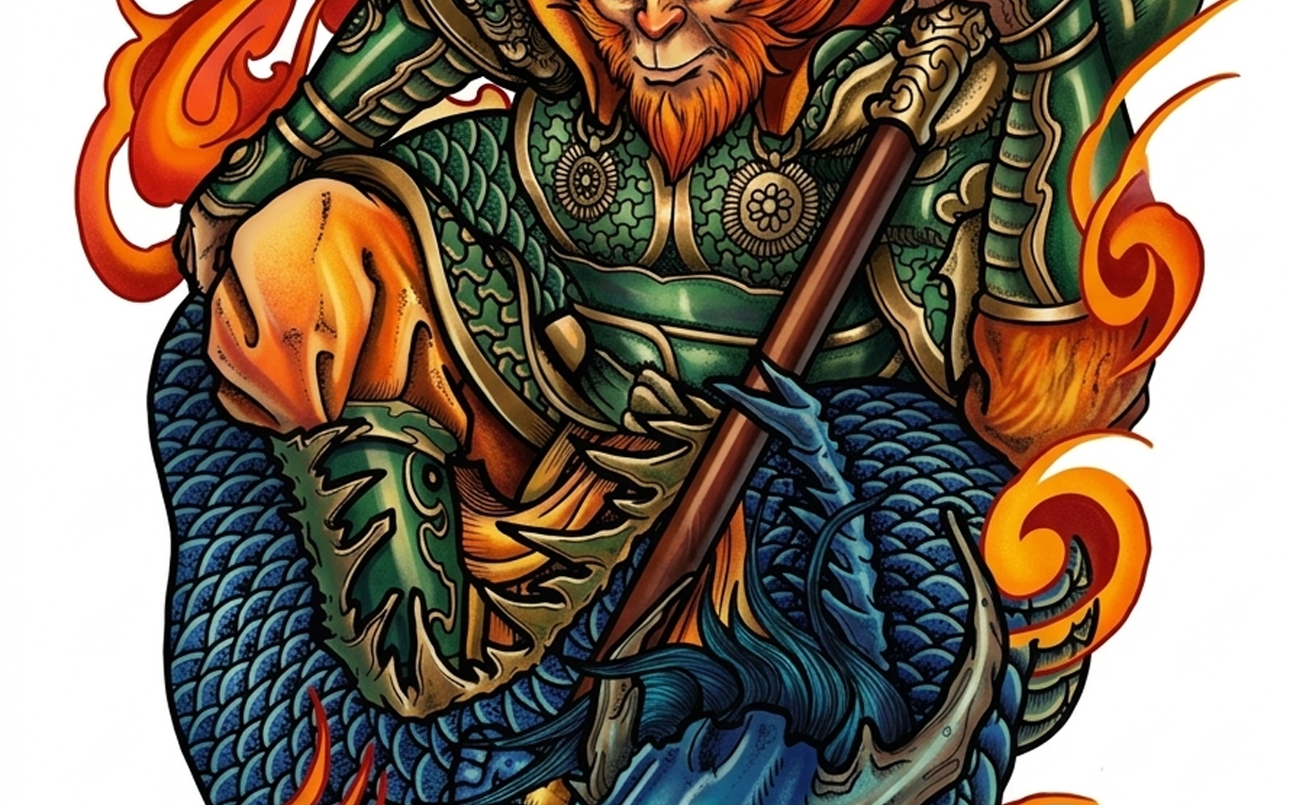 Neo-traditional colour version of the Monkey King tattoo design by Kuroko Ink