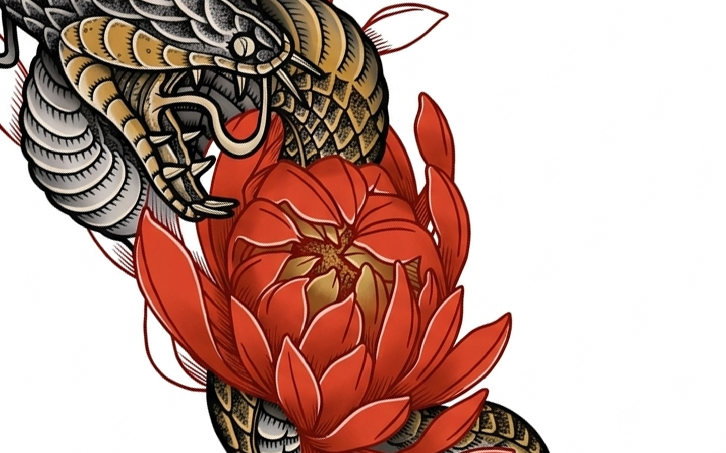 Traditional colour version of the Lotus Coil Serpent tattoo design by Kuroko Ink