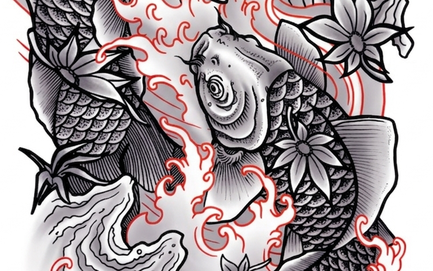 Black and grey study of the koi floral tattoo design by Kuroko Ink