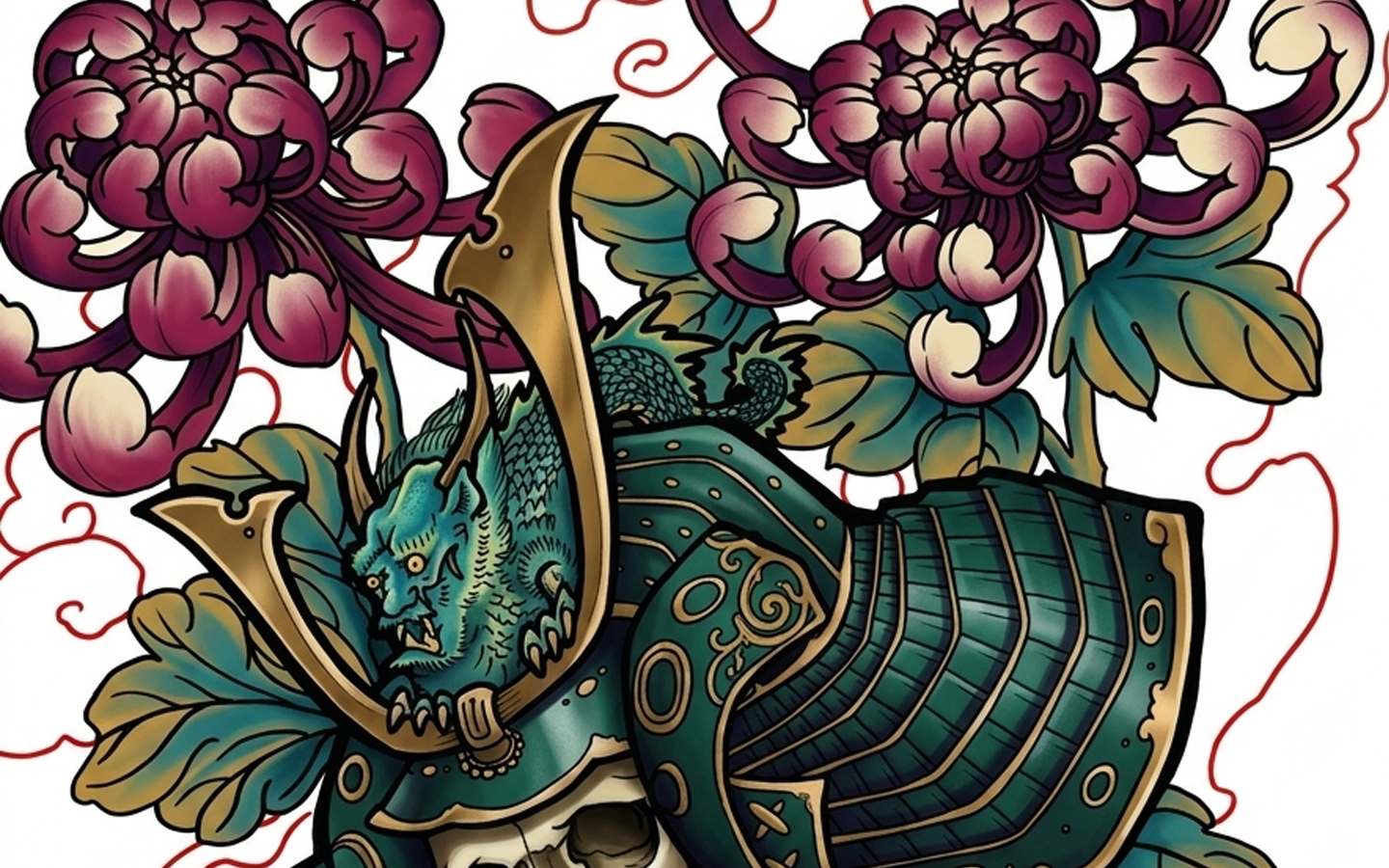 Neo Traditional colour version of the Kabuto of the Fallen tattoo design by Kuroko Ink