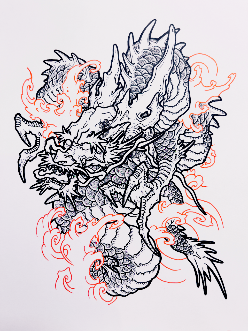 Hand-drawn dragon tattoo design titled Rising Storm Dragon by Kuroko Ink