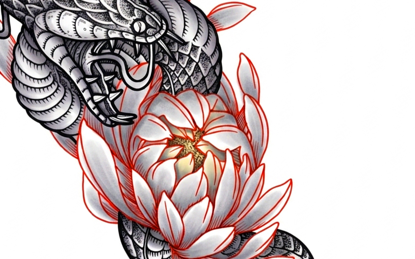 Black and grey study of the Lotus Coil Serpent tattoo design by Kuroko Ink