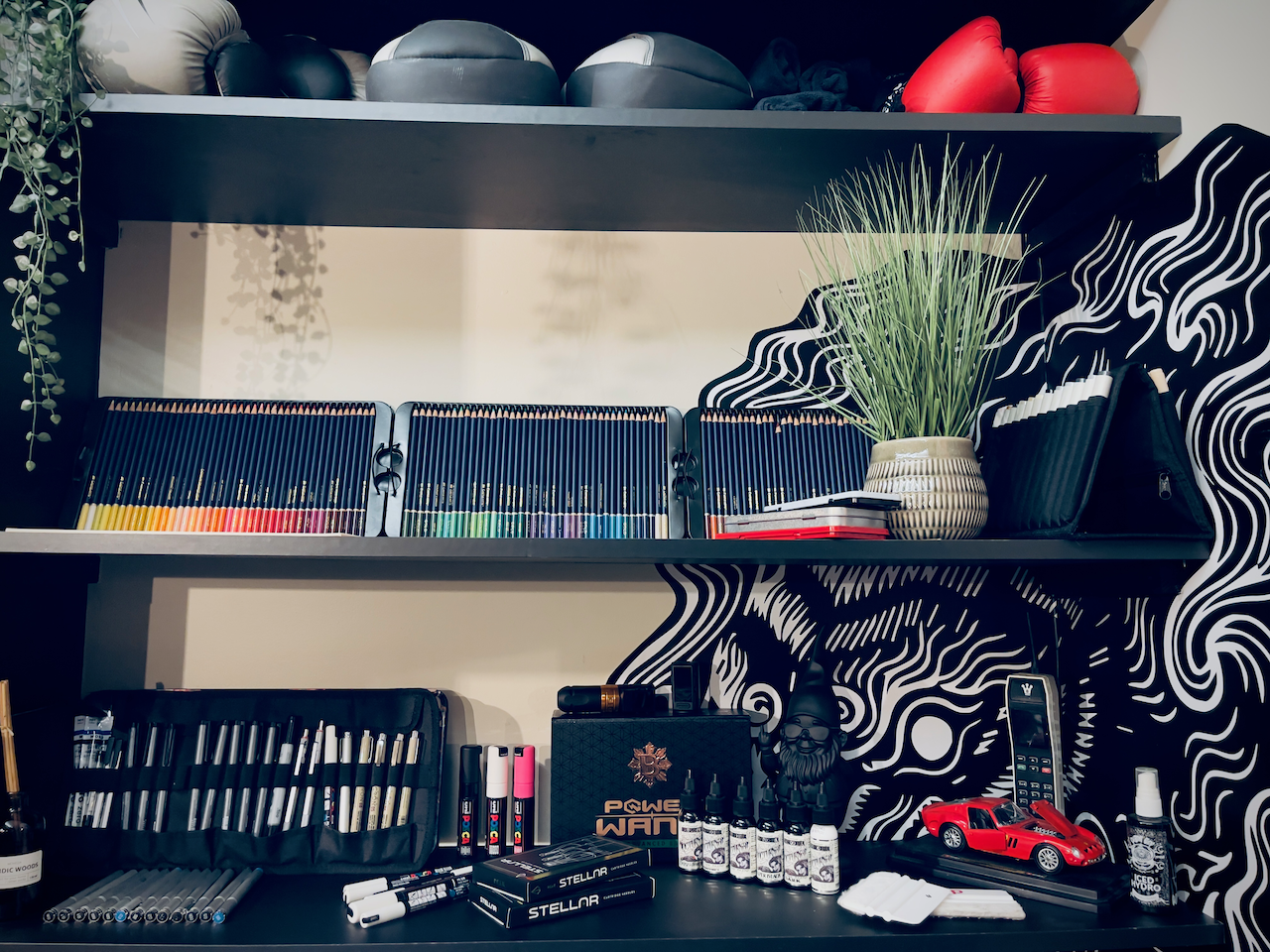 Studio shelving with books, decor, and tattoo supplies