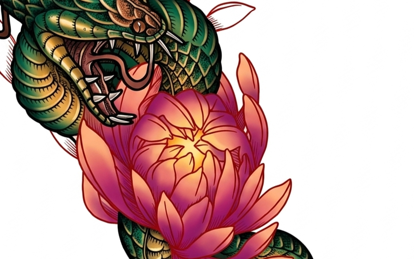 Neo-traditional colour version of the Lotus Coil Serpent tattoo design by Kuroko Ink