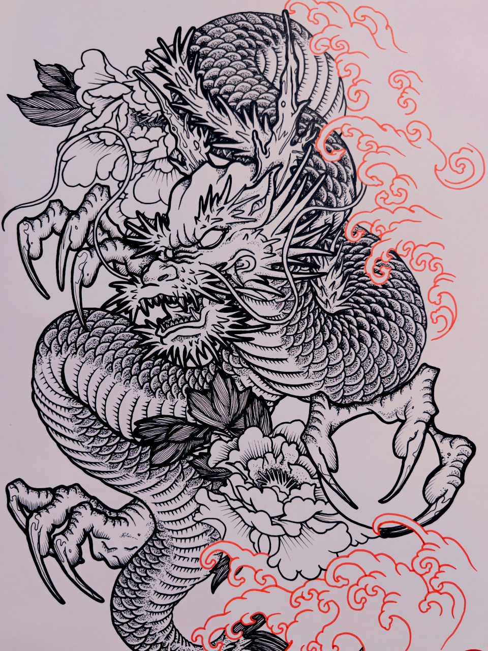 Hand-drawn dragon tattoo design titled Ironclad Dragon by Kuroko Ink