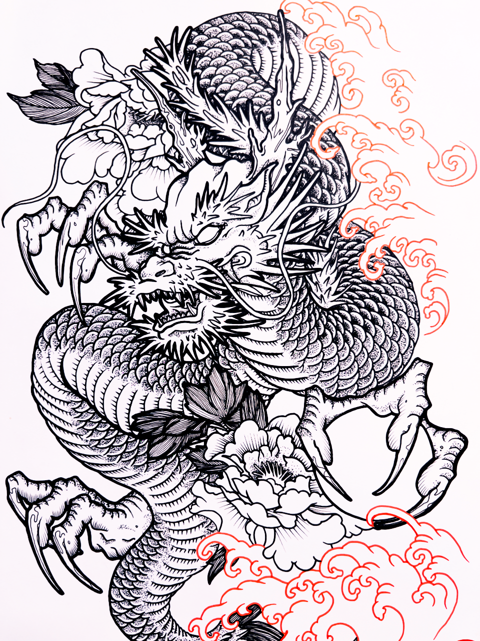 Hand-drawn dragon tattoo design titled Ironclad Dragon by Kuroko Ink