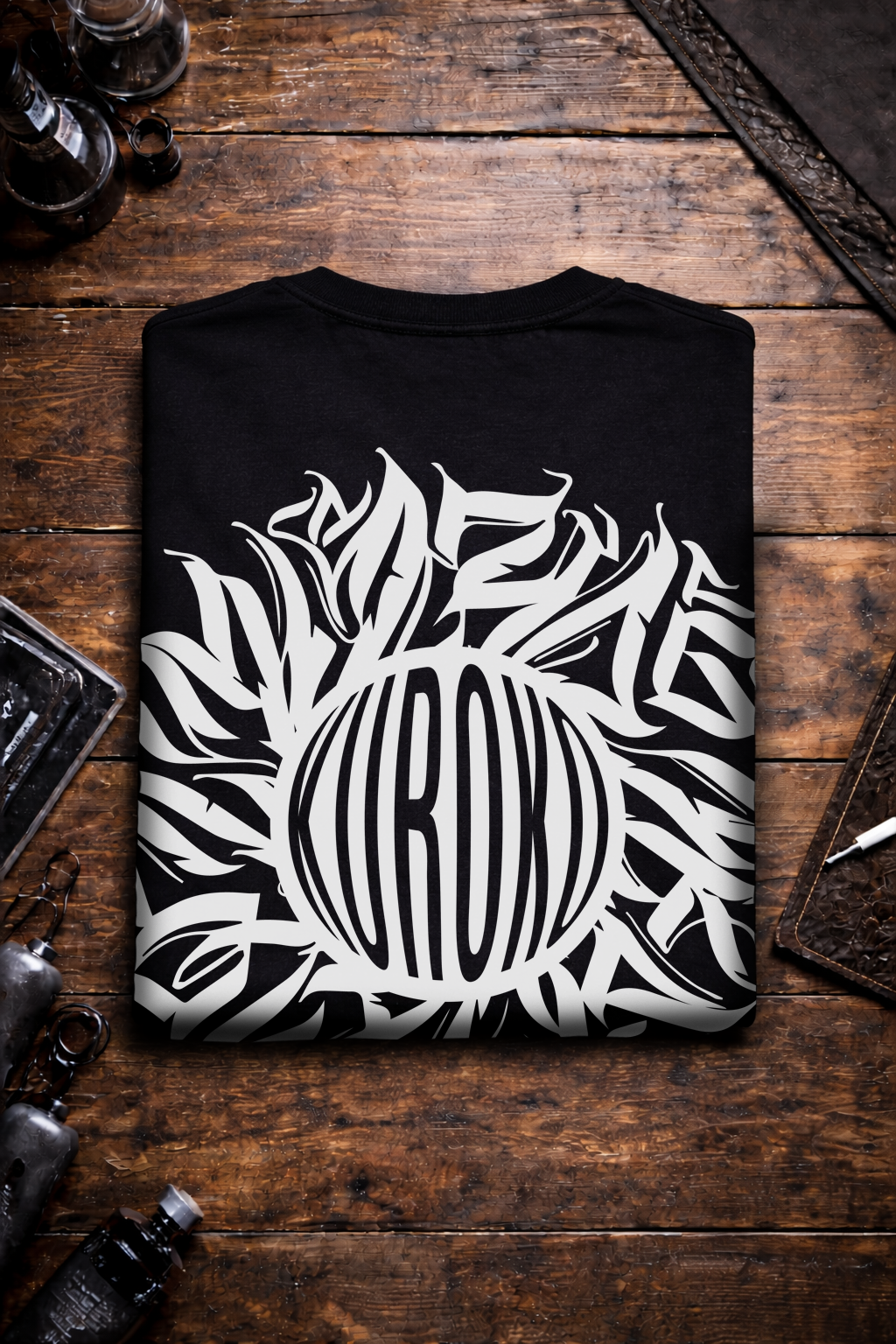 Folded black Kuroko Ink T-shirt showing large back print