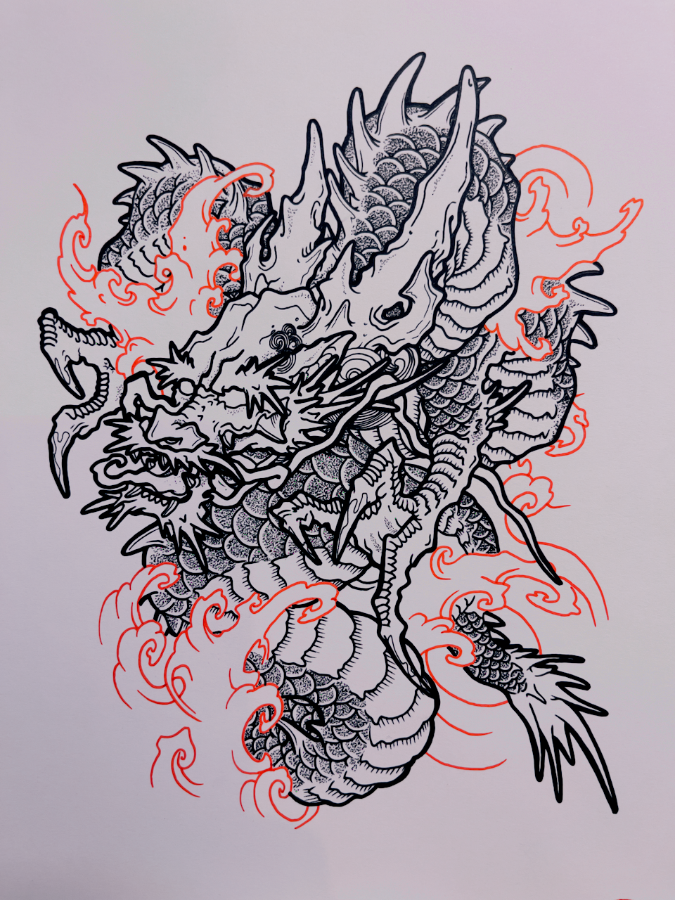 Hand-drawn dragon tattoo design titled Rising Storm Dragon by Kuroko Ink