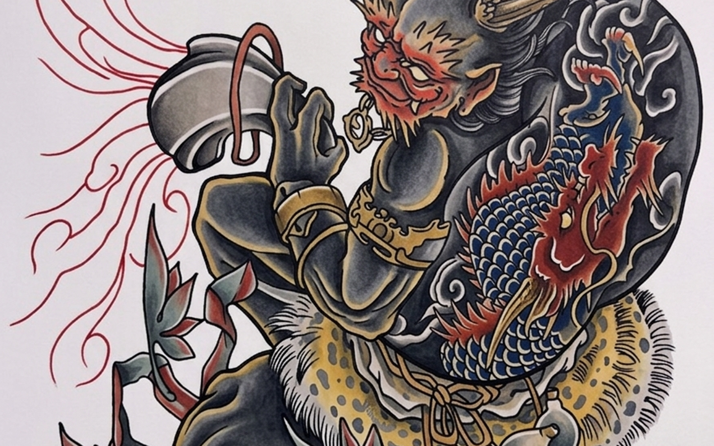 Traditional Irezumi colour version of the oni boxer tattoo design by Kuroko Ink