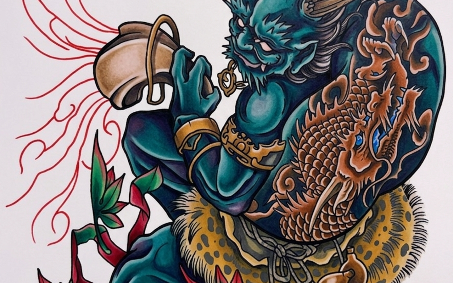 Neo-traditional colour version of the oni boxer tattoo design by Kuroko Ink