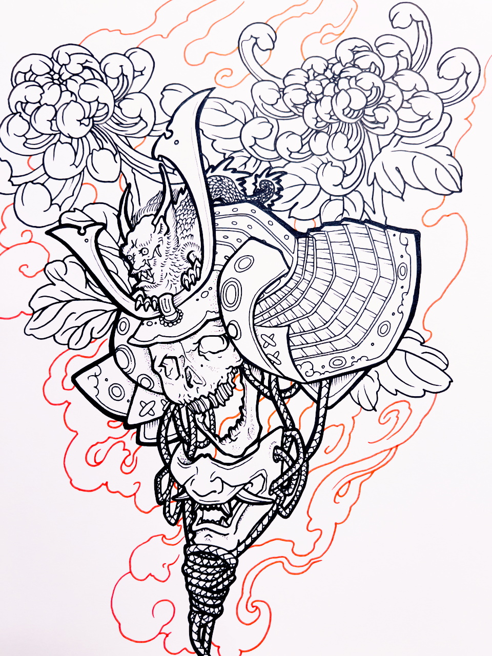 Hand-drawn samurai helmet tattoo design titled Kabuto of the Fallen by Kuroko Ink