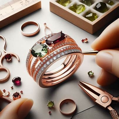 Close-up of jewelry, including rings and earrings, with a jewelry tool and a hand holding a small container of gemstones.