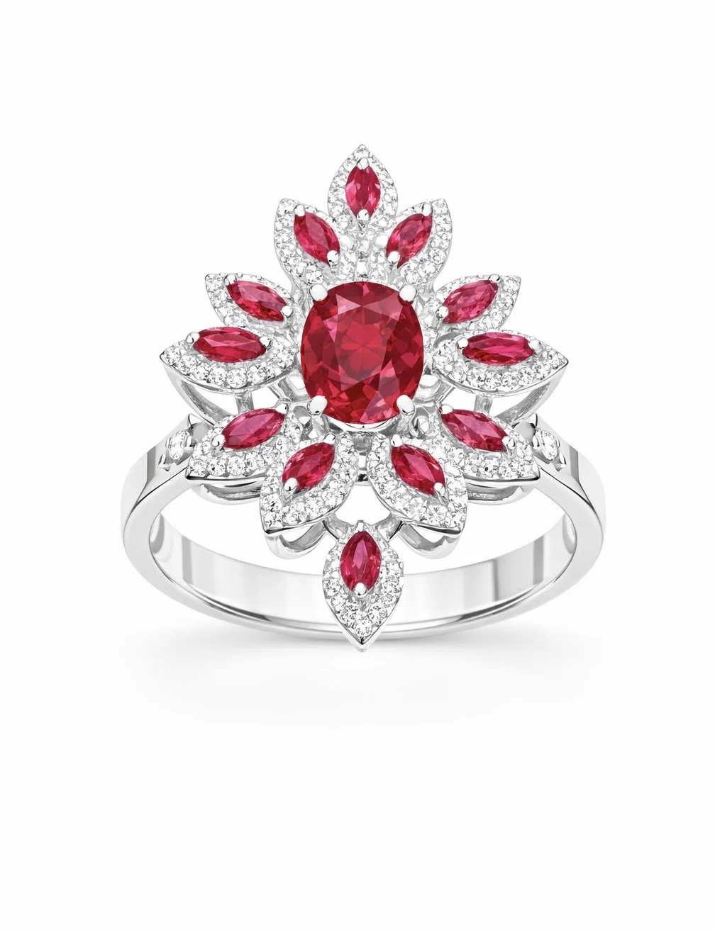 A silver ring with a large oval red gemstone at the center, surrounded by multiple marquise-shaped red gemstones and small clear gemstones arranged in a floral pattern.
