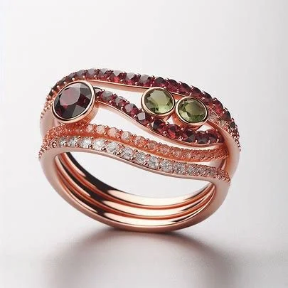 Close-up of three rose gold rings with colored gemstones and decorative stones, stacked together.