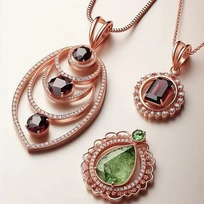 Three rose gold necklaces with pendants featuring black, green, and clear gemstones, arranged on a light background.