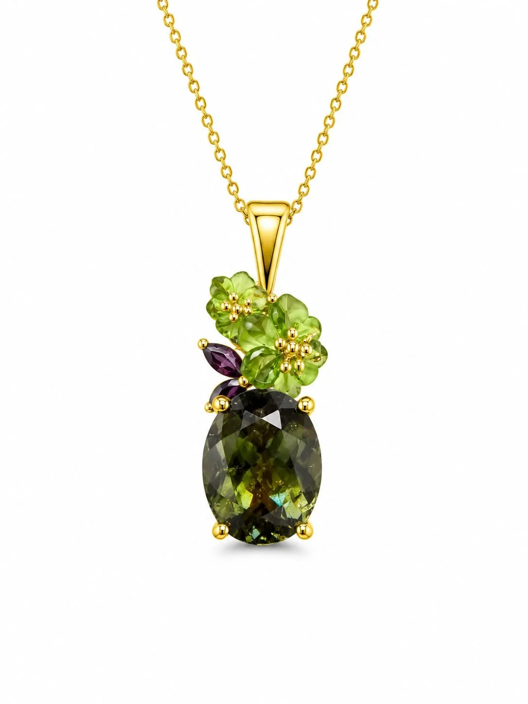 Gold necklace with green and purple gemstone pendant, featuring a large oval green gemstone at the bottom and cluster of smaller green, purple, and gold beads and gemstones above.