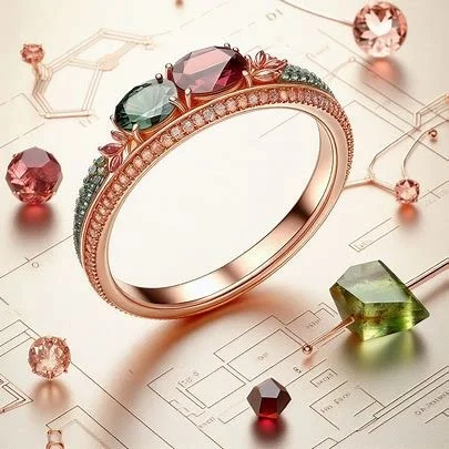 A rose gold ring with three large colorful gemstones (pink, green, and purple) and smaller green stones surrounded by scattered pink gemstones and a green gemstone on a blueprint or technical drawing.