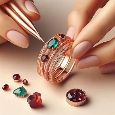 Person holding rose gold rings with green and red gemstones, with additional loose gemstones on beige surface.