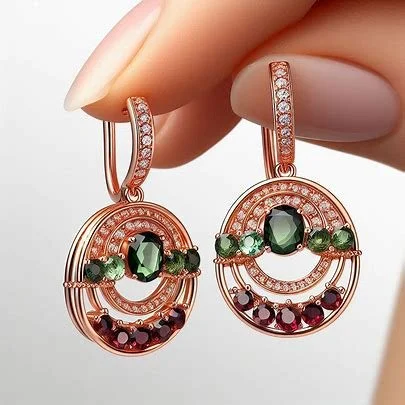 Rose gold earrings with green gemstone centerpiece, surrounded by small green and red stones.