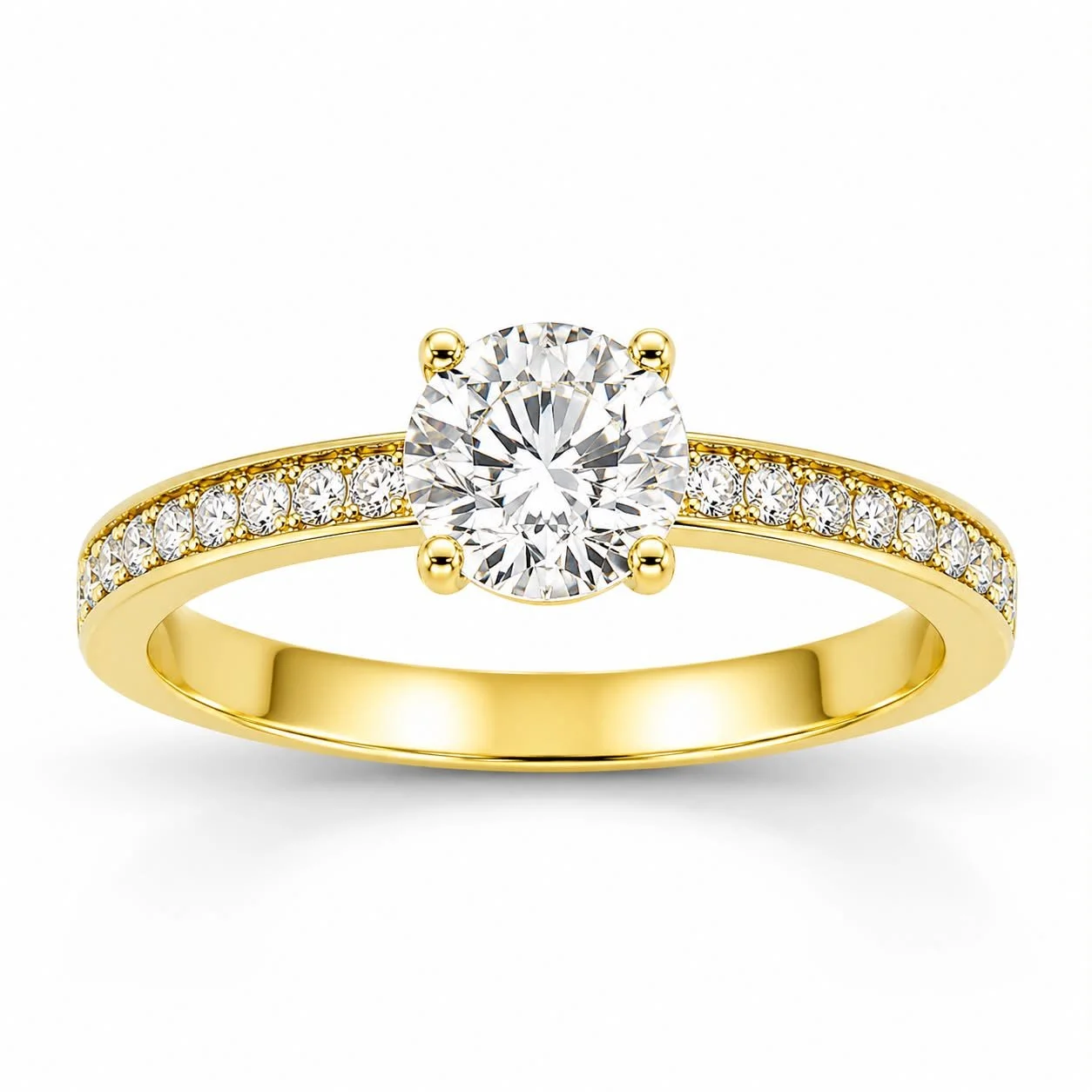 Gold engagement ring with a large central diamond and smaller diamonds along the band.