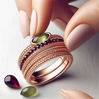 Close-up of a hand holding four stacked rings with gemstones and intricate designs, surrounded by several loose gemstones.