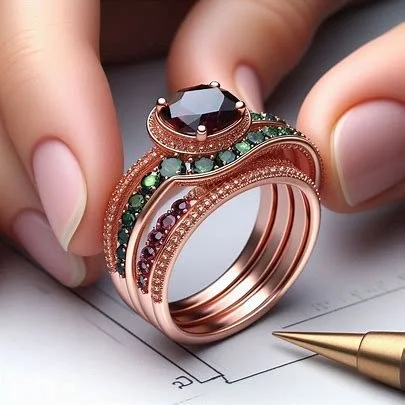 Close-up of a person holding a rose gold ring with a large black gemstone and smaller green and red gemstones, with a gold pen nearby.