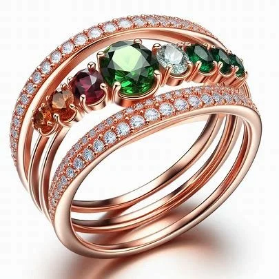 A rose gold ring with multiple bands, decorated with green, maroon, and clear gemstones, and adorned with small diamonds along one band.