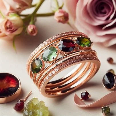 Gold rings with green, red, and black gemstones, surrounded by pink and purple flowers and loose gemstones.