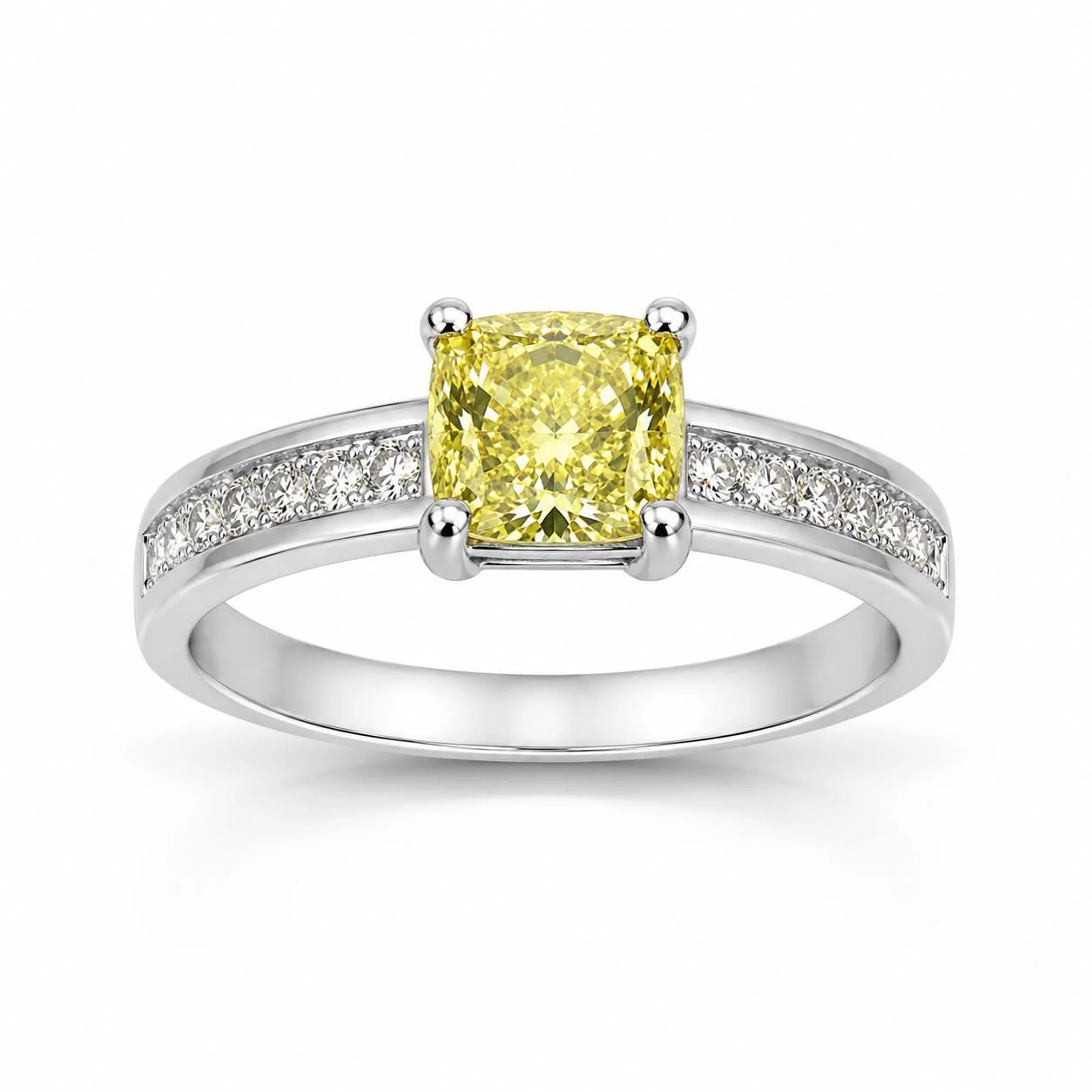 Silver ring with a large yellow diamond center stone and smaller white diamonds along the band.