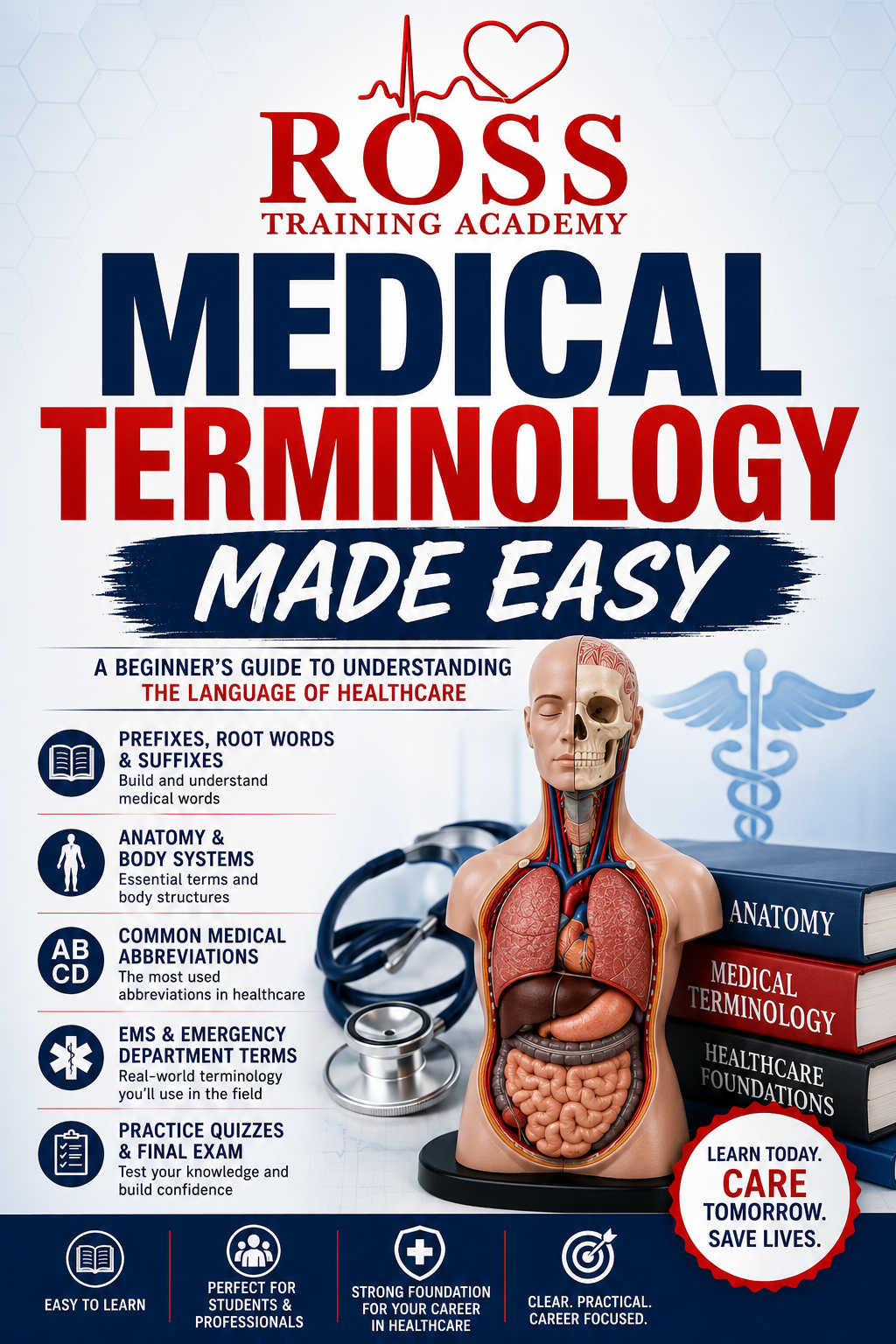 Cover of a medical terminology book featuring a human body model, stethoscope, and medical symbols, with text promoting easy understanding of healthcare language.