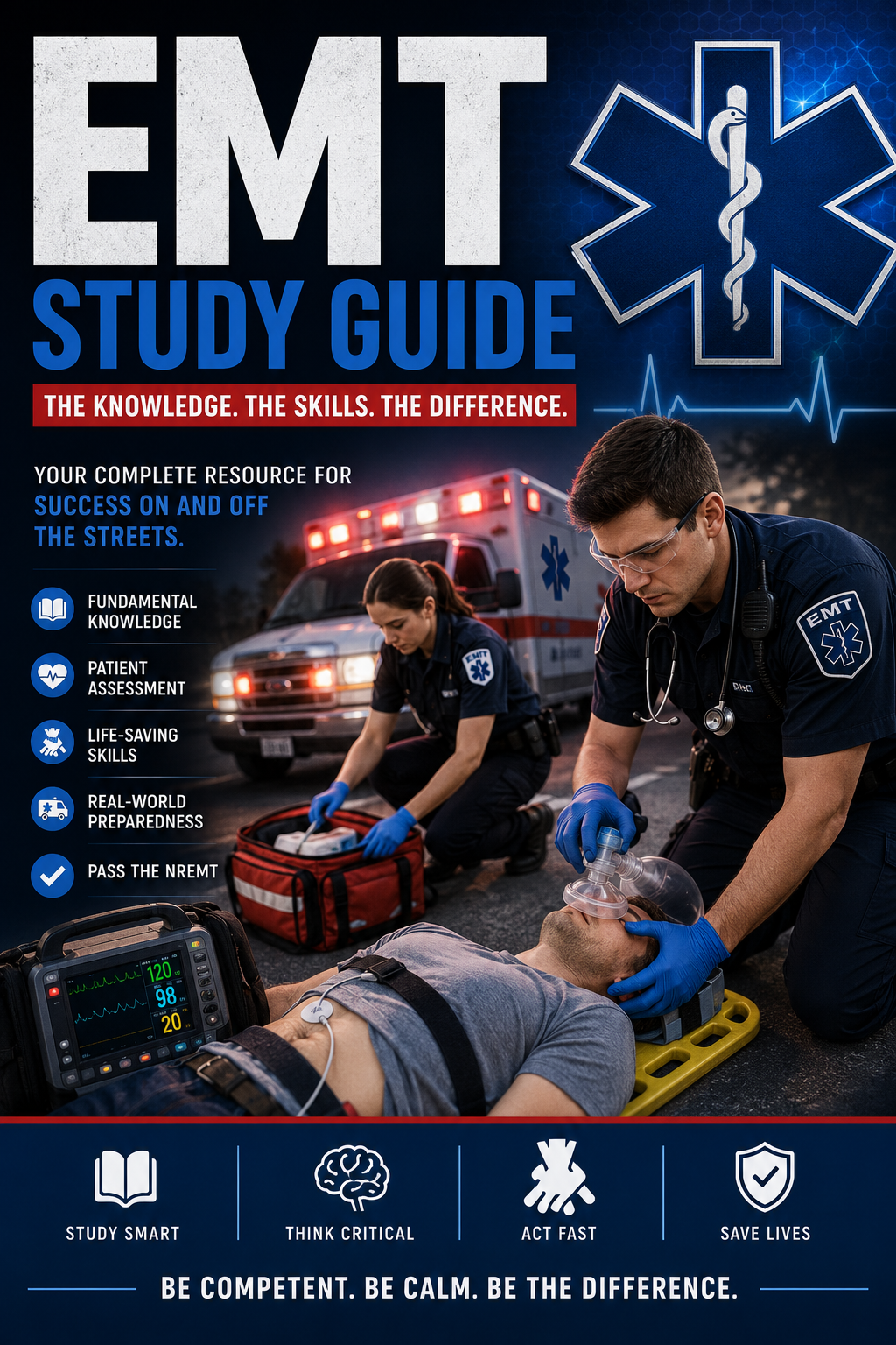 Cover of an EMT study guide featuring emergency medical personnel performing CPR on a patient, with an ambulance in the background and symbols related to medical emergencies. The text highlights key learning areas and motivational keywords.