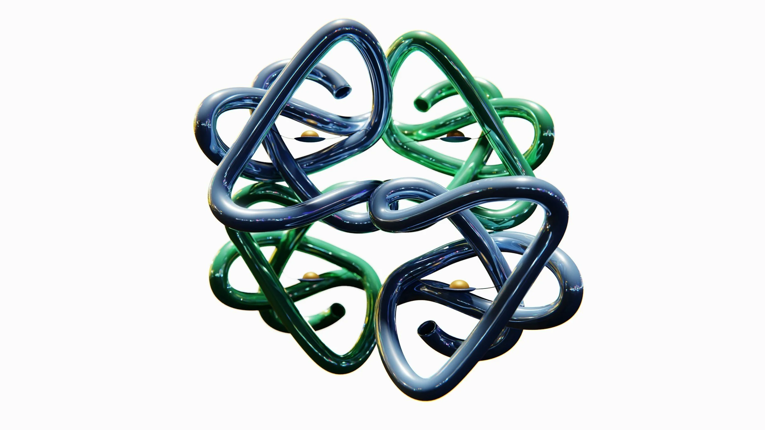Colorful, intertwined glass-like loops forming an abstract, intricate knot on a white background.