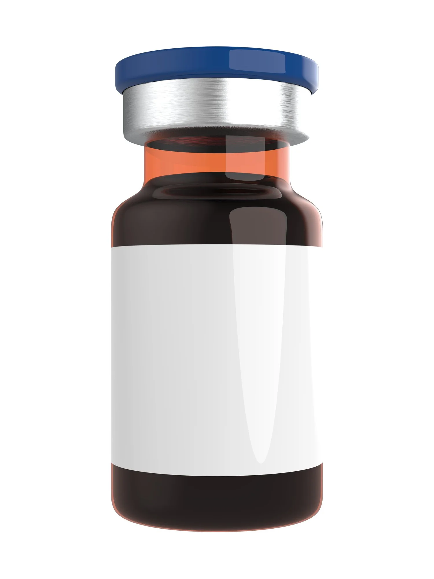 A pharmaceutical medicine bottle with a blank white label and blue cap.