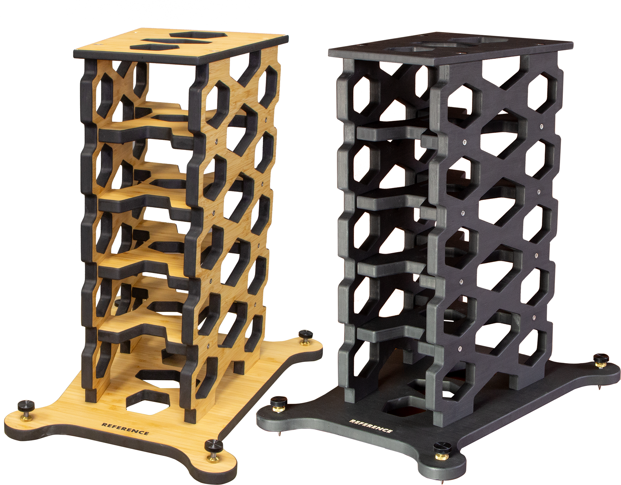 Two sample display towers with honeycomb or hexagonal patterns, one in wood and black, and the other in black with gray edges, both mounted on wooden and black bases labeled 'REFERENCE'.