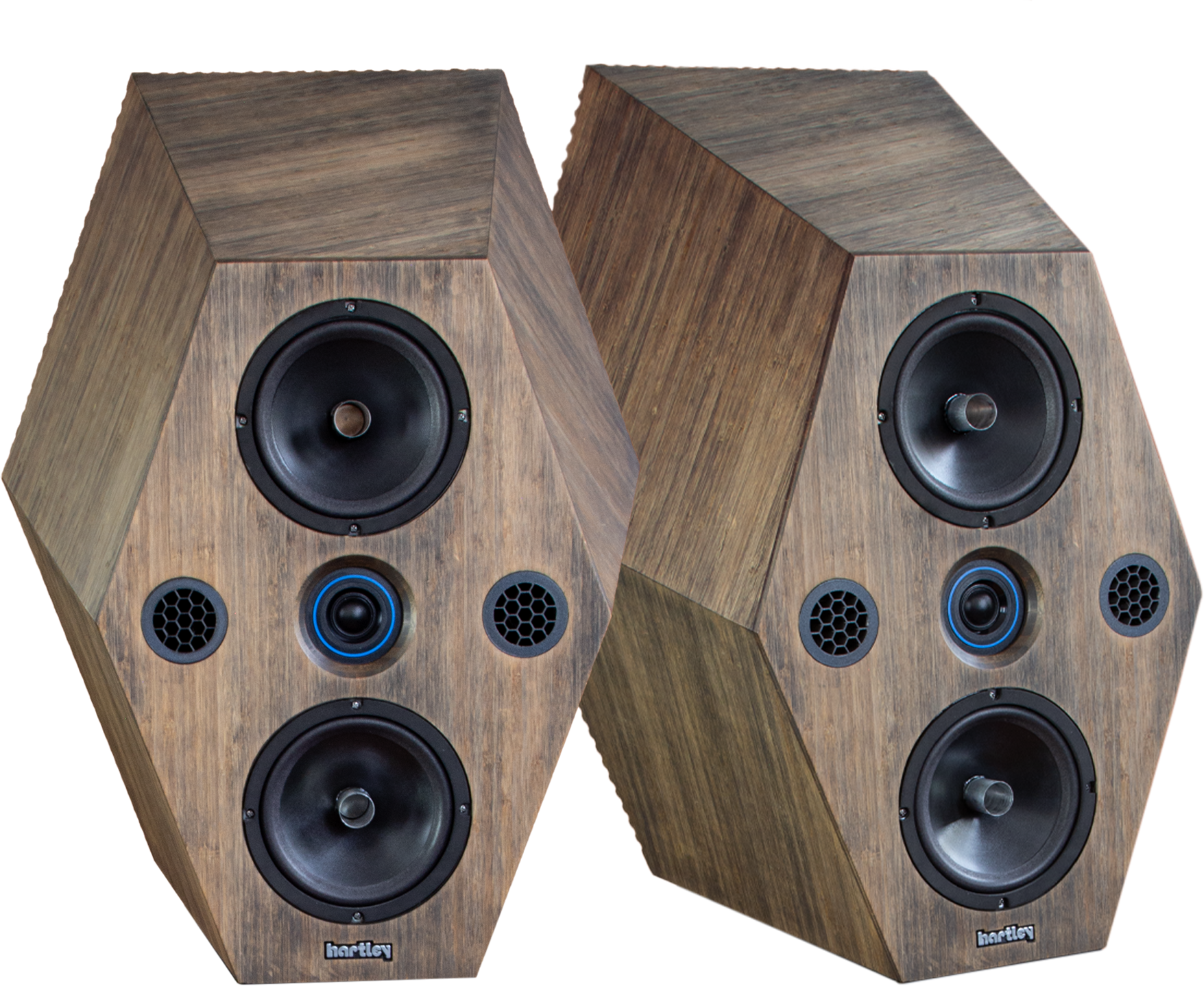 Pair of wood-finished Hutcherson speakers with multiple drivers, including large woofers, mid-range, and high-frequency speakers.