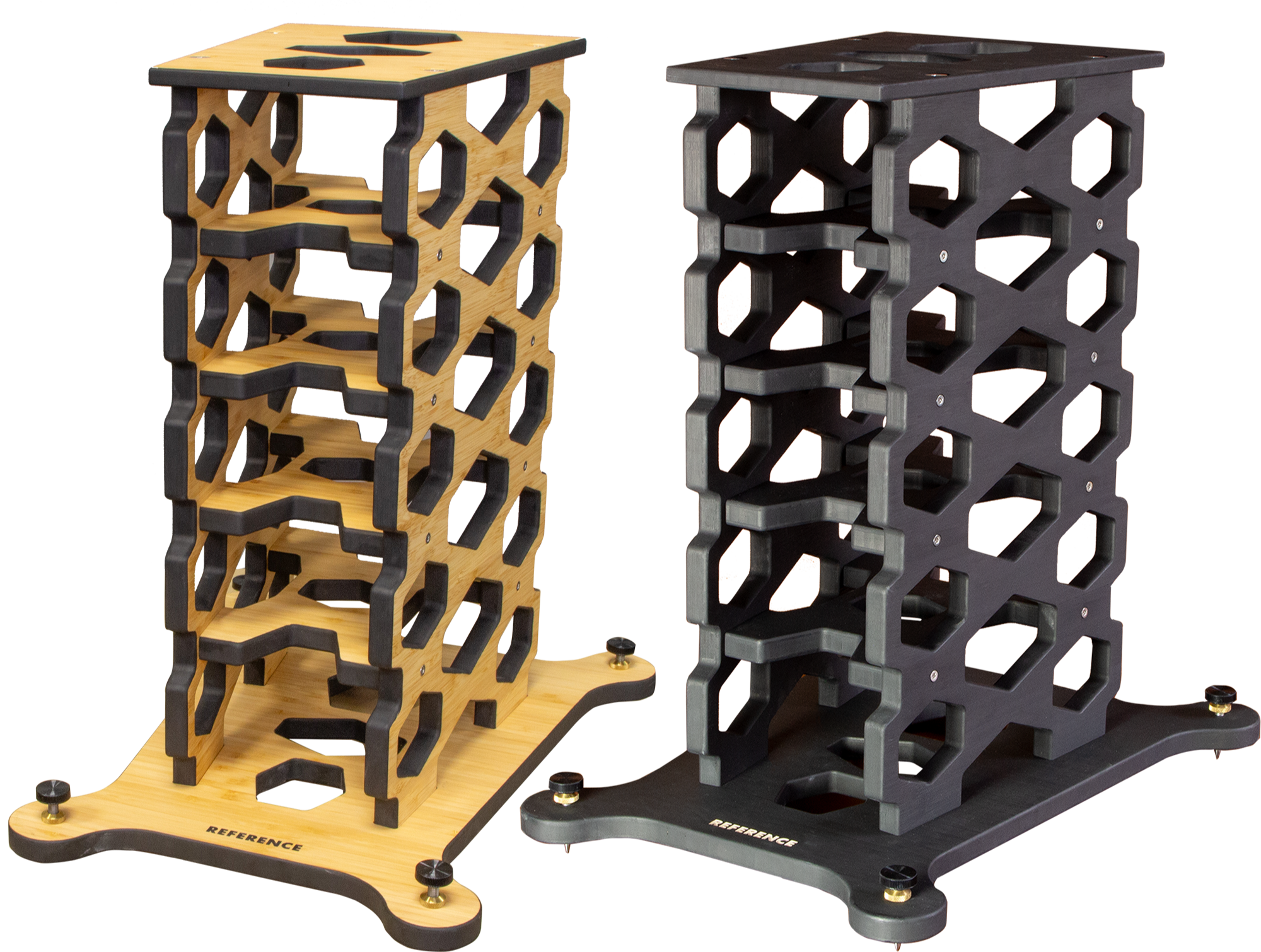 Two vertical 3D-printed chess piece organizers with hexagonal holes and bases labeled 'REFERENCE', one natural wood color and one black.