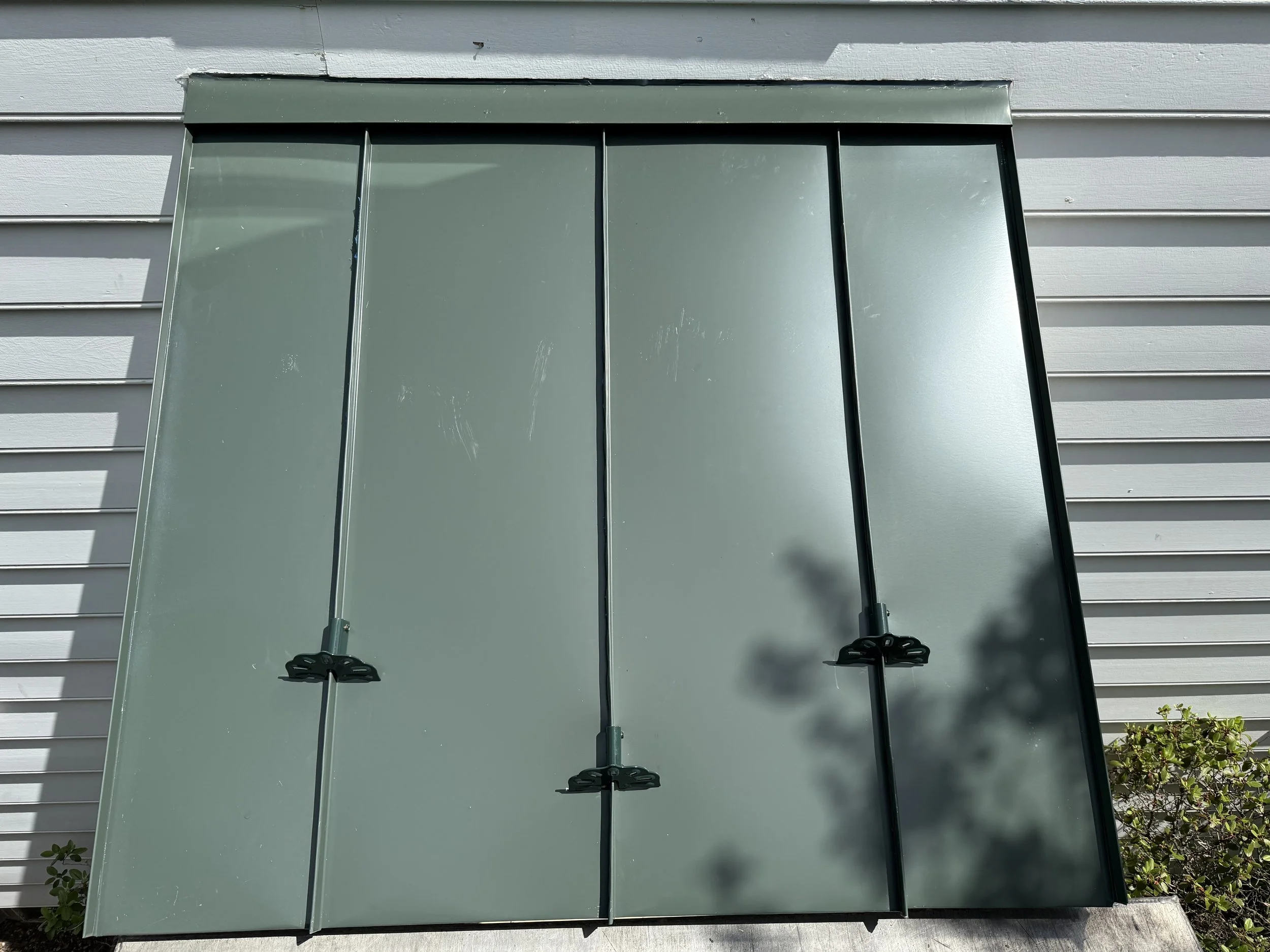 Green metal door with four black handles, set against a white horizontal siding wall with a bush in the lower right corner, and a shadow of a tree cast on the door.