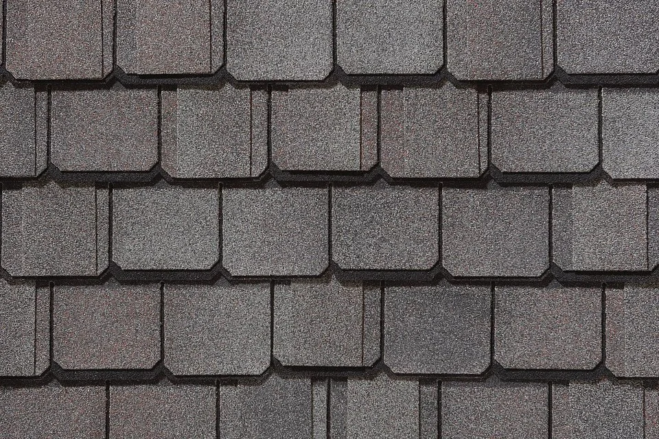 Close-up of a dark gray shingled roof with overlapping rectangular shingles.