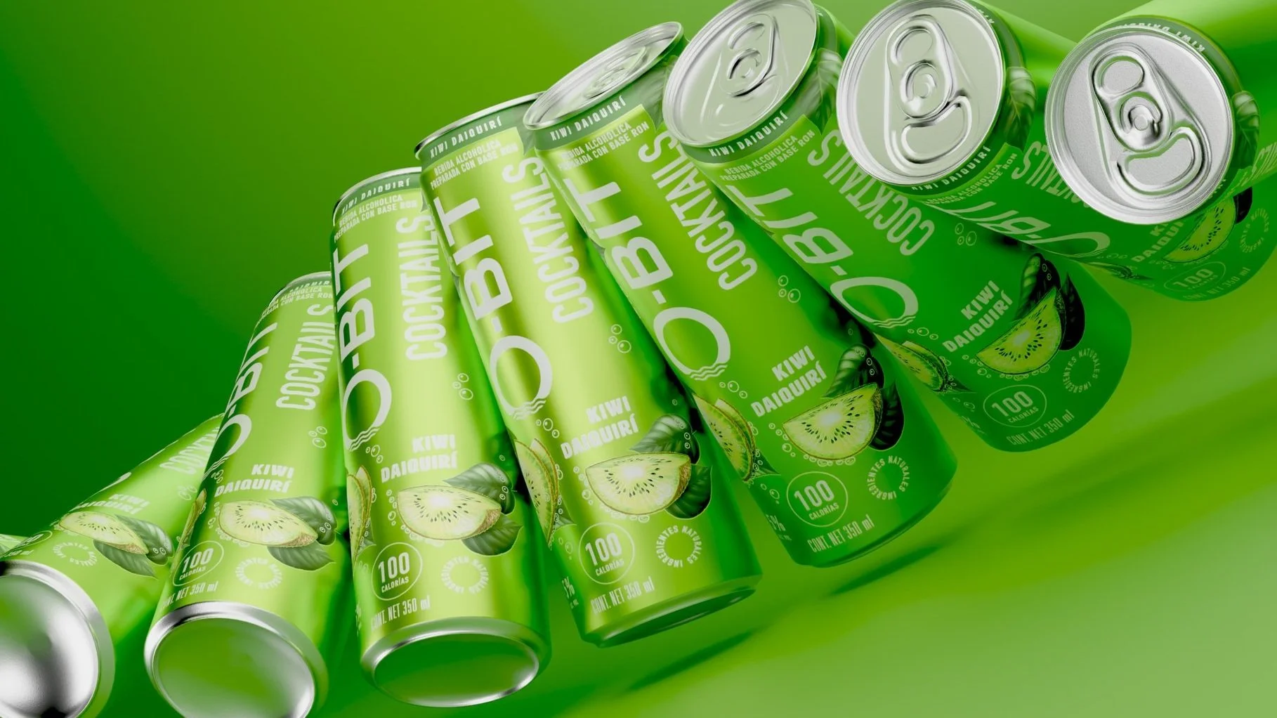 Floating cans of O-BIT Cocktails Kiwi Daiquiri on a vibrant green background, highlighting the fresh kiwi fruit graphics and bold lime green packaging. Ready-to-drink alcoholic cocktail with 100 calories per 350 ml. Energetic product photography show