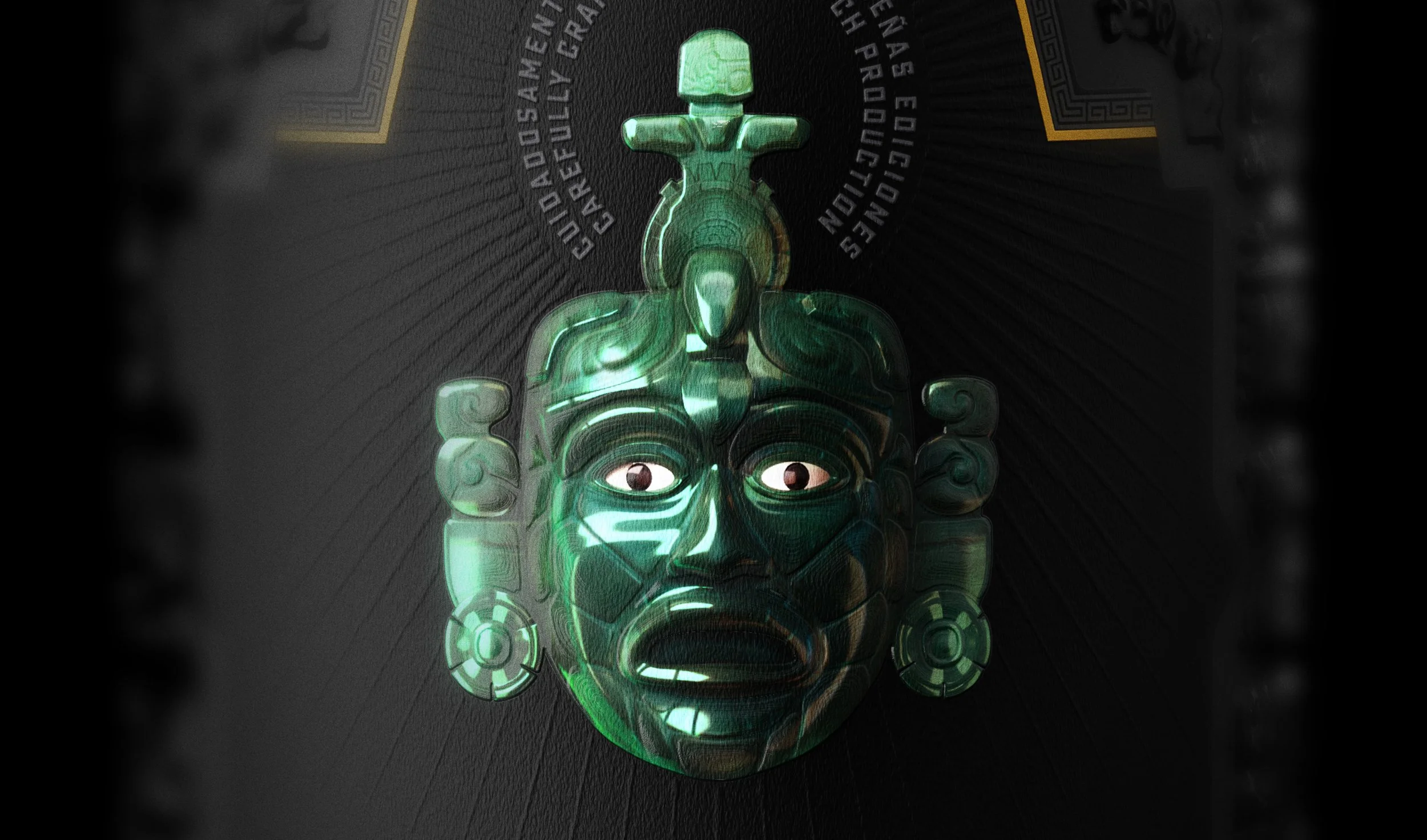 Close-up of jade-inspired Mayan mask from Xibal Gin label, symbolizing Guatemalan heritage and artisanal spirit branding, with engraved textures and cultural detailing on matte black background.