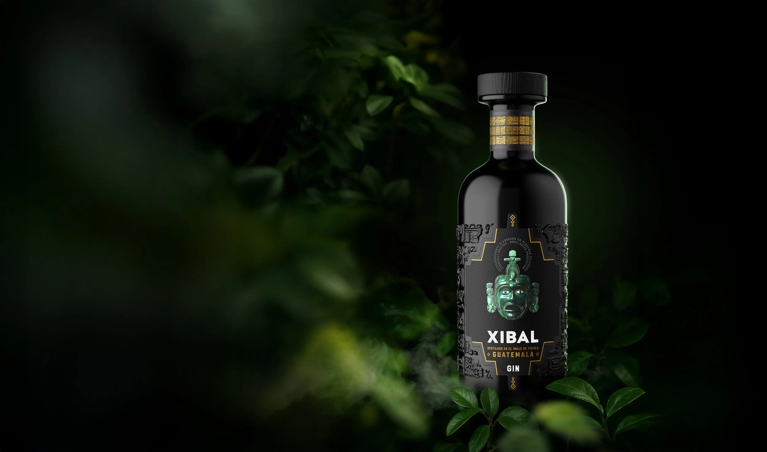 Xibal Gin bottle from Guatemala with matte black finish, embossed Mayan glyphs, jade-inspired mask, and premium foil label — handcrafted small batch spirit with luxury packaging and cultural branding.