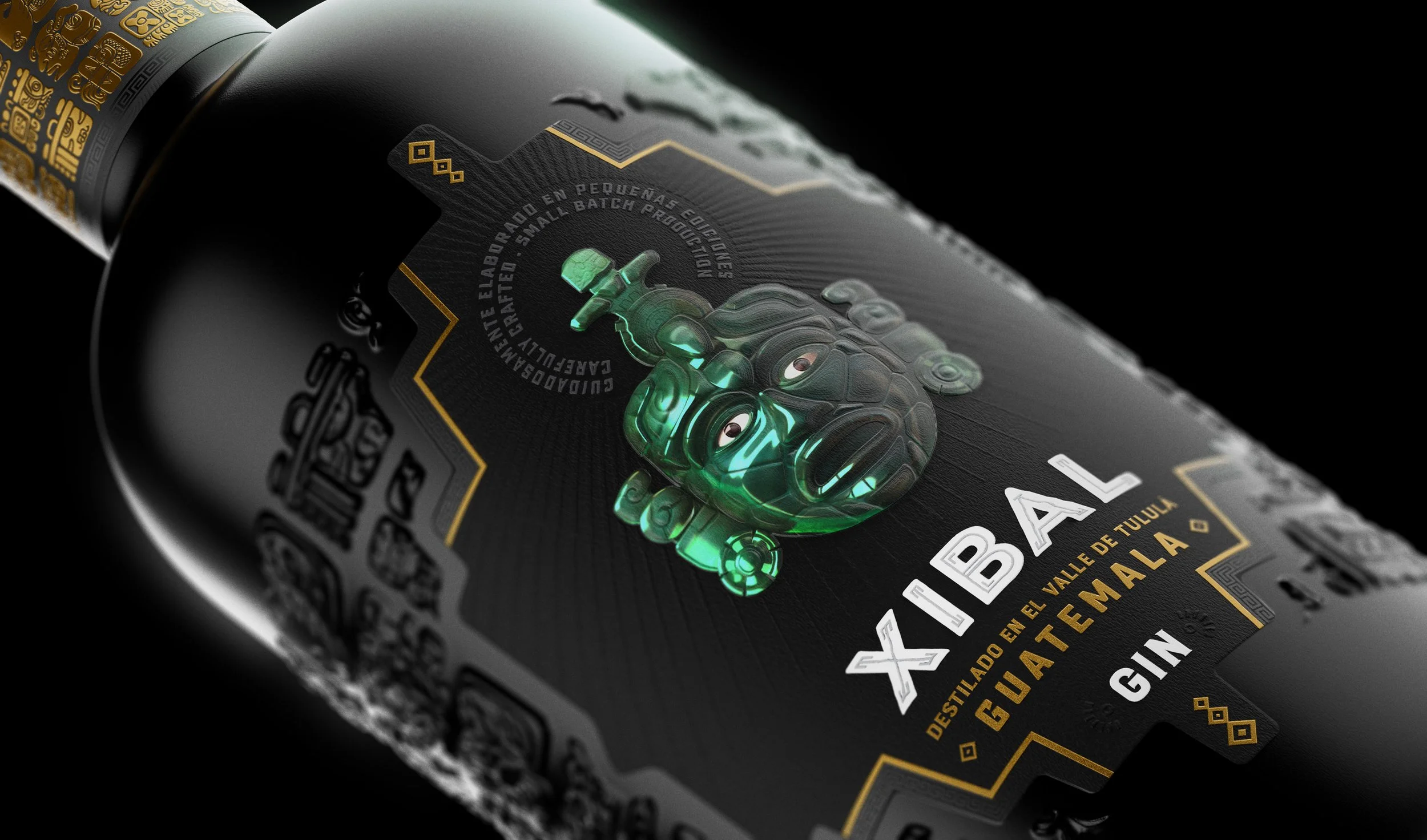 Label detail of Xibal Gin featuring embossed jade mask, gold Mayan glyphs, and premium black design — handcrafted Guatemalan gin with rich cultural identity.