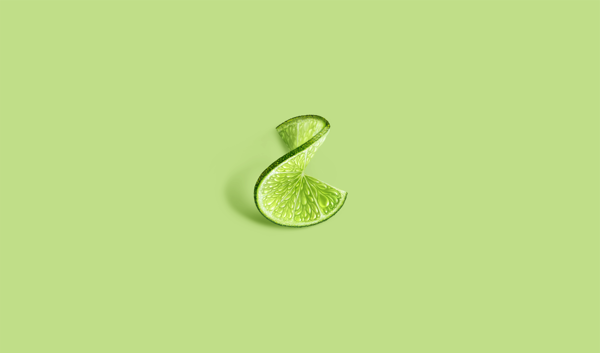 Twisted illustration of a lime slice forming an abstract S shape on a vibrant green background, symbolizing citrus freshness and natural flavor; minimalistic and artistic composition for premium beverage branding and visual identity.