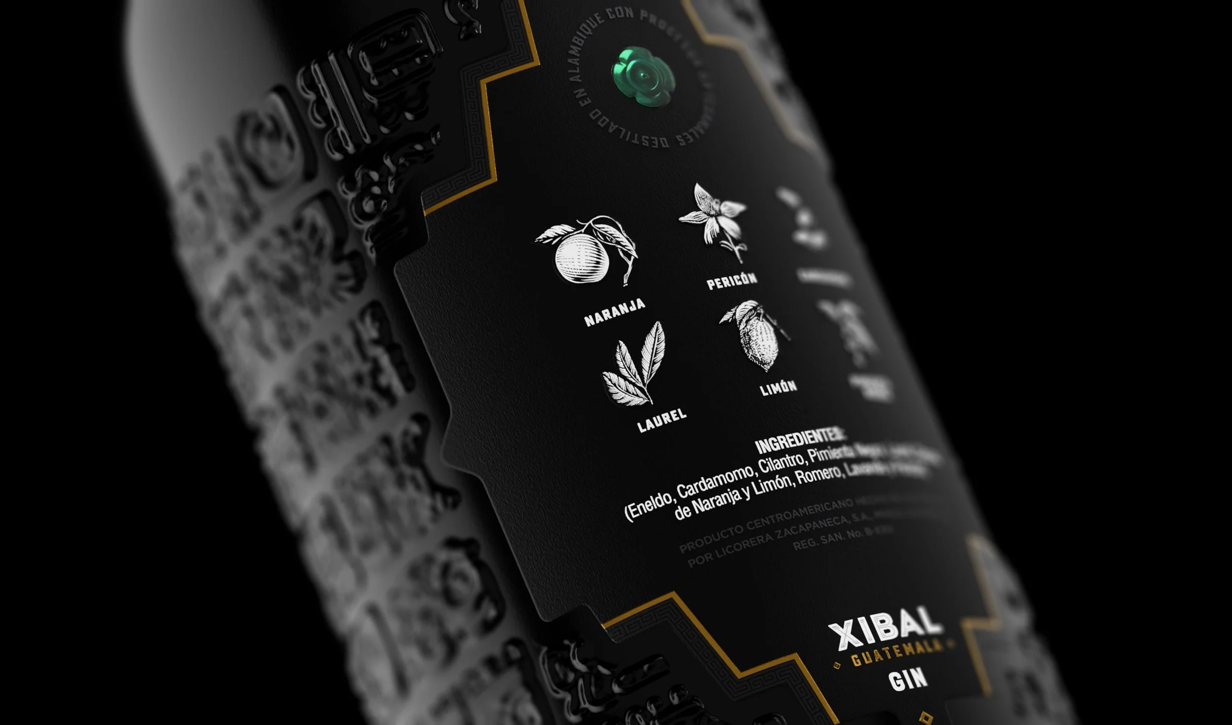 Detail of Xibal Gin bottle showcasing botanical illustrations of orange, pericón, bay leaf, and lime on matte black label with Mayan-style embossing — highlighting exotic gin flavors and Guatemalan craft spirits.